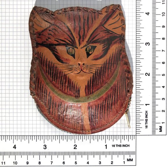 vintage Kitty Cat Face Leather Coin Purse Hand Tooled and Painted Zipper AS IS - Picture 6 of 6